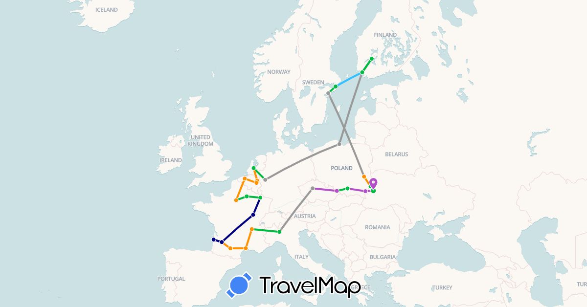 TravelMap itinerary: driving, bus, plane, train, boat, hitchhiking in Belgium, Czech Republic, Germany, Finland, France, Italy, Netherlands, Poland, Sweden, Ukraine (Europe)
