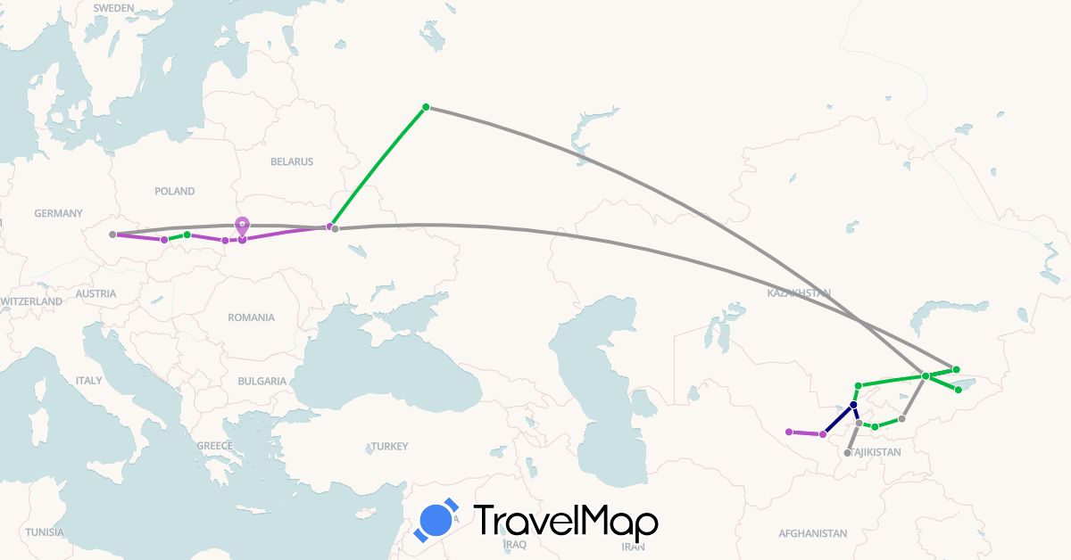 TravelMap itinerary: driving, bus, plane, train in Czech Republic, Kyrgyzstan, Kazakhstan, Poland, Russia, Tajikistan, Ukraine, Uzbekistan (Asia, Europe)